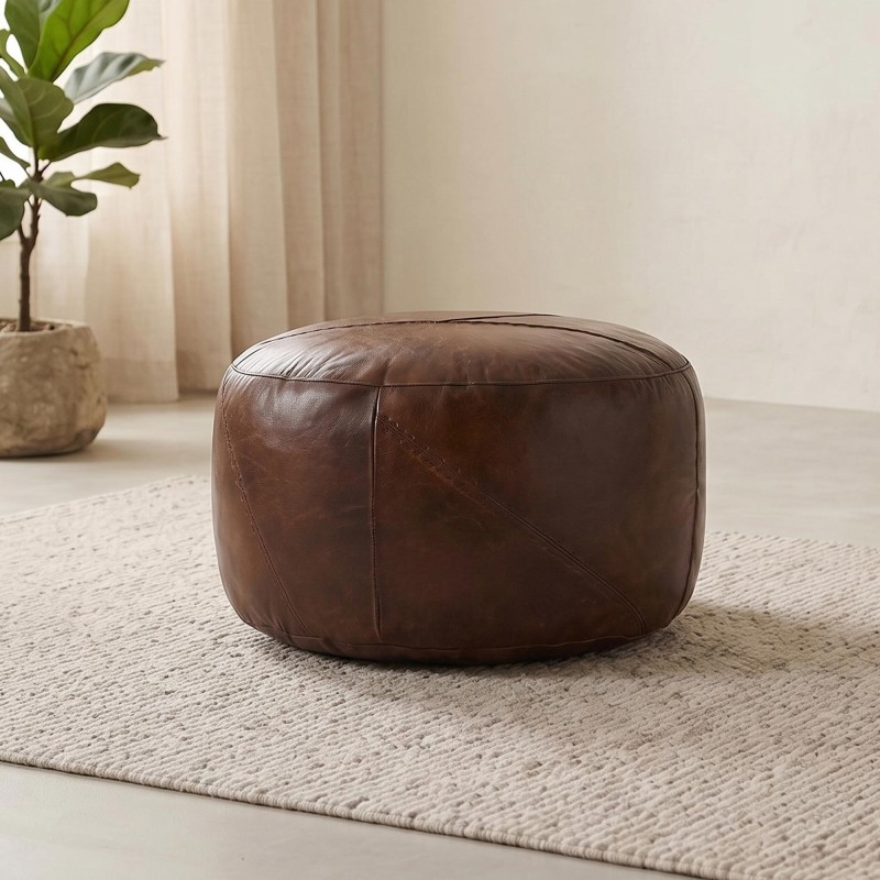 Ronde lederen poef - Patchwork