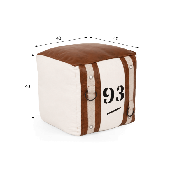 Vintage-stijl poef van leer en stof "93