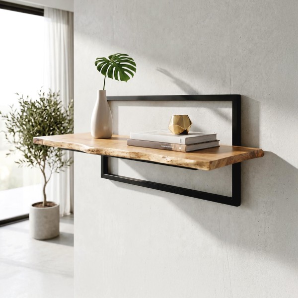 Wandplank 90 cm met massief houten blad en natuurlijke rand