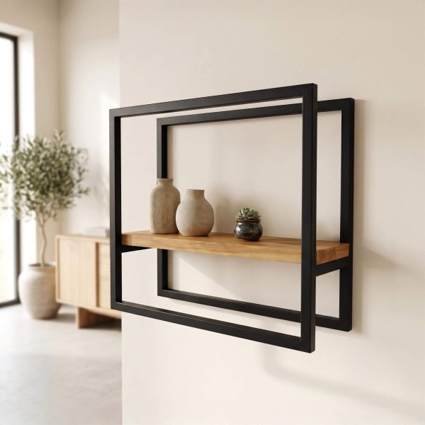 Rechthoekige wandplank van hout en metaal 40 x 35 cm - Strip