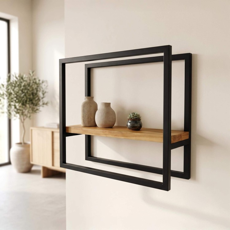 Rechthoekige wandplank van hout en metaal 40 x 35 cm - Strip