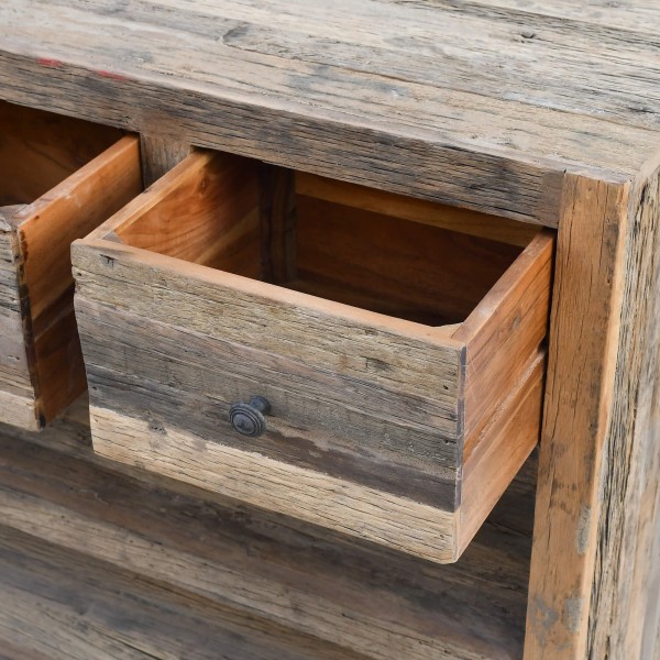 Console met 3 lades in donker, ruw oud hout - Antique