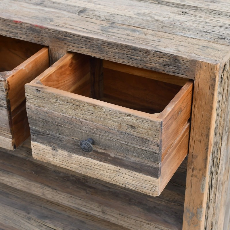Console met 3 lades in donker, ruw oud hout - Antique