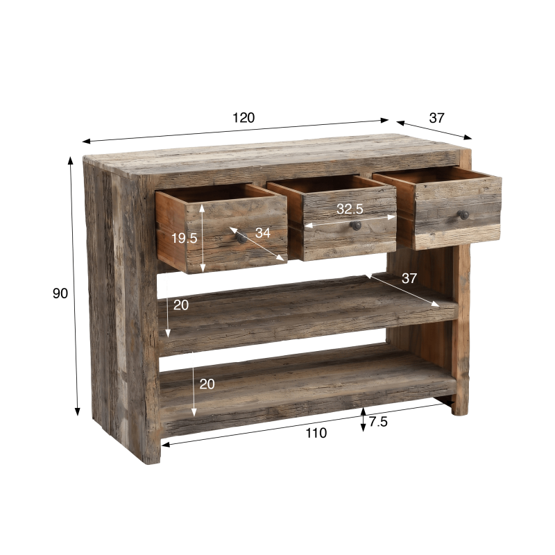 Console met 3 lades in donker, ruw oud hout - Antique