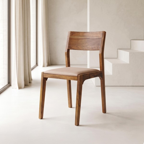 Stoel van naturel hout en beige stof - Elegance