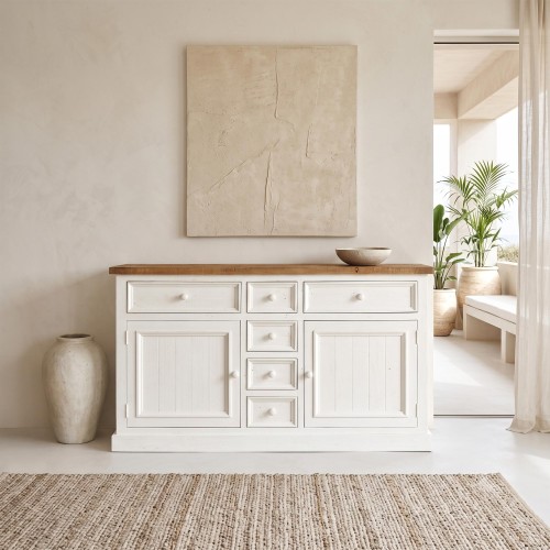 Dressoir in wit en houtkleurig massief grenenhout 160 cm - Mayfield