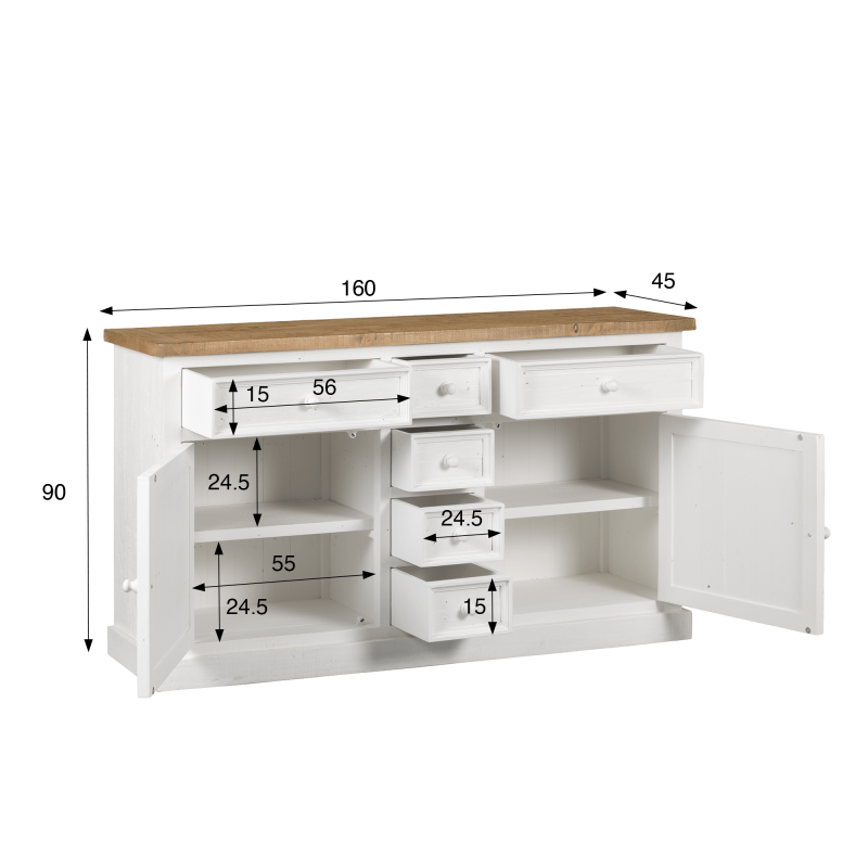 Dressoir in wit en houtkleurig massief grenenhout 160 cm - Mayfield