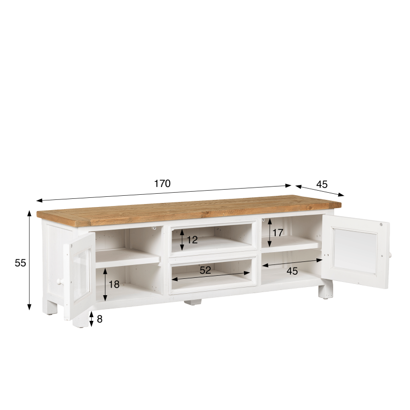 Tv-meubel in wit en houtkleurig massief grenenhout 170 cm - Mayfield