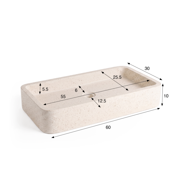 Rechthoekige badkamerwaskom in wit terrazzo 60 x 30 cm - Motu