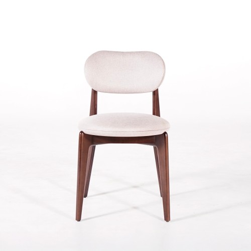Eetkamerstoel in massief hout met walnootafwerking en beige stoffen bekleding - Svala