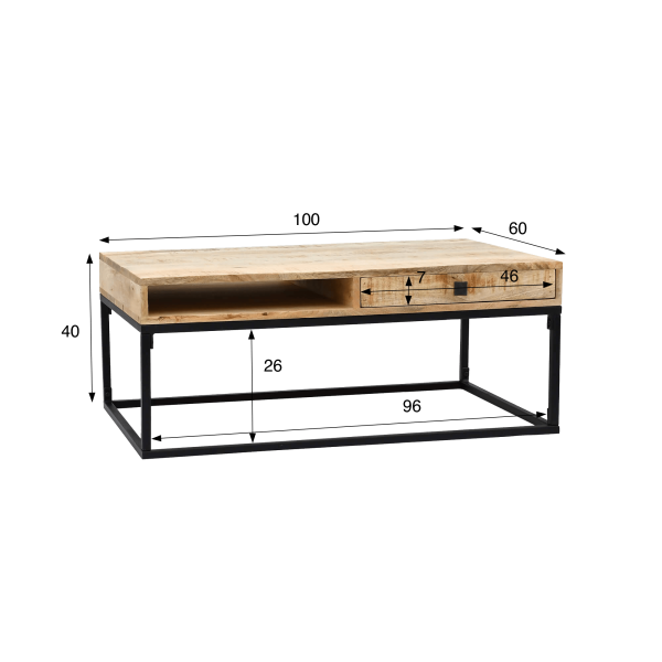Salontafel in massief mangohout met metalen frame