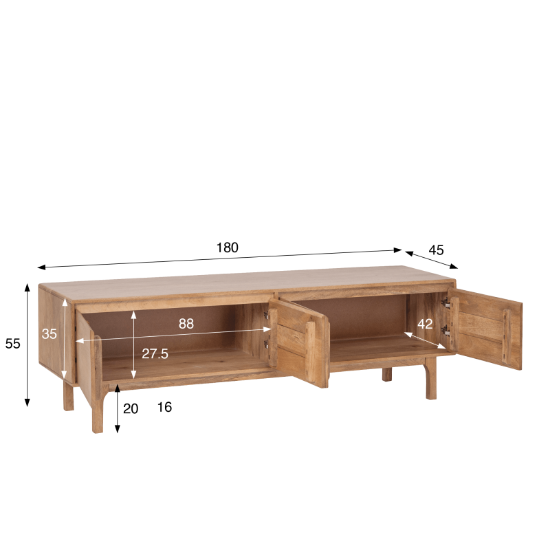 Tv-meubel van massief natuurlijk hout 180 cm (hangend of vrijstaand) - Ivar