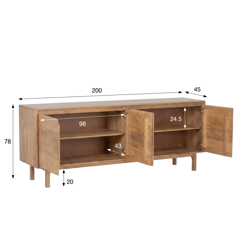 Dressoir van naturel massief hout 200 cm - Ivar