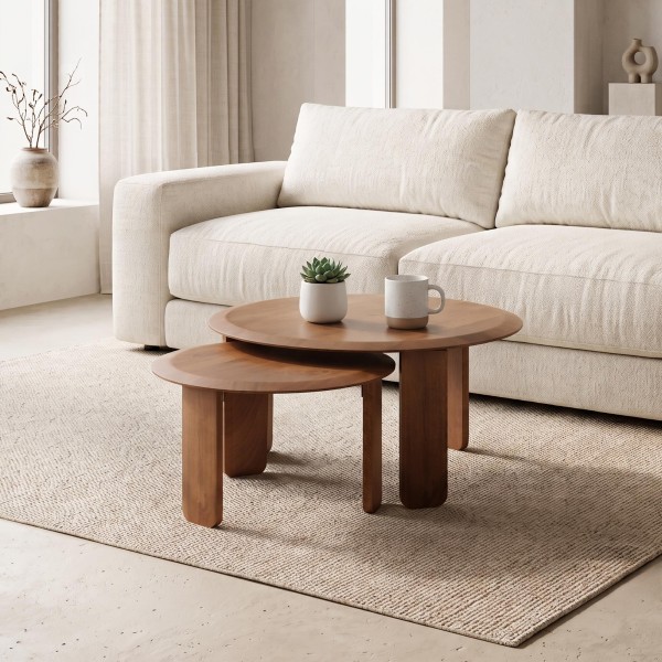 Set van 2 ronde nesttafels van massief hout - Noma