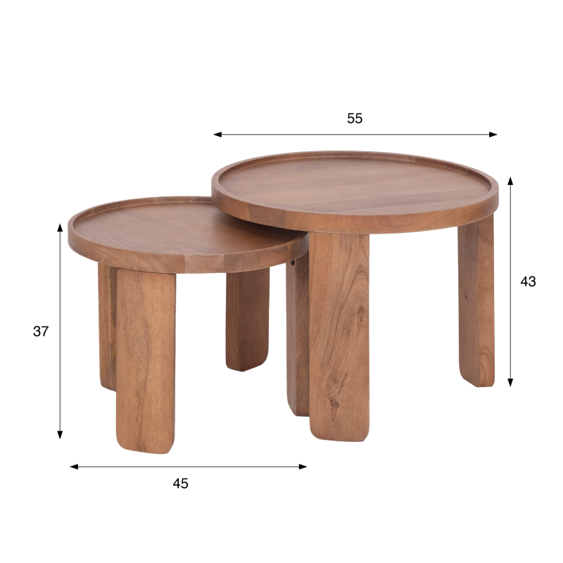 Set van 2 ronde nesttafels van massief hout - Plano