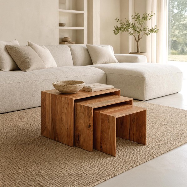 Set van 3 nesttafels van naturel massief hout - Mono