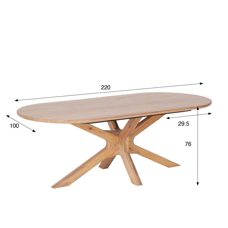 Ovale eettafel van massief hout met Mikado-onderstel 220 cm - Ivar