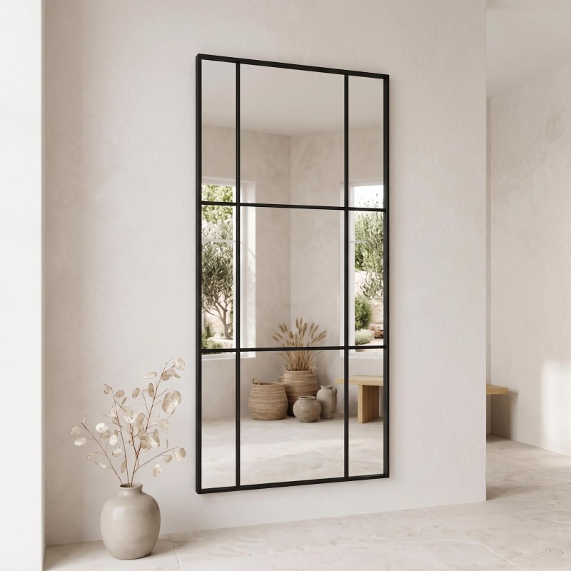 Grote industriële wandspiegel in atelierstijl met zwart metalen frame 80 x 180 cm