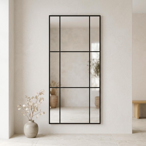 Grote industriële wandspiegel in atelierstijl met zwart metalen frame 80 x 180 cm
