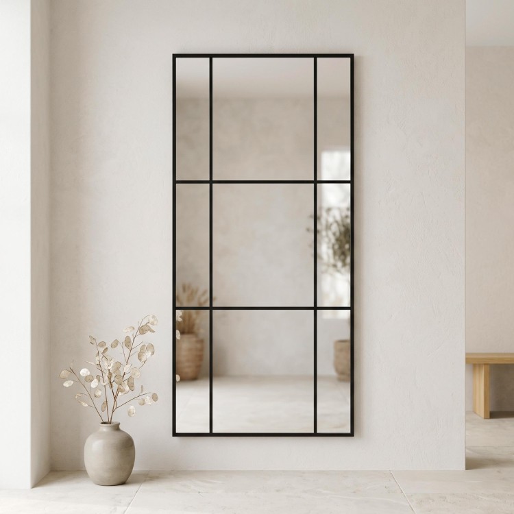 Grote industriële wandspiegel in atelierstijl met zwart metalen frame 80 x 180 cm