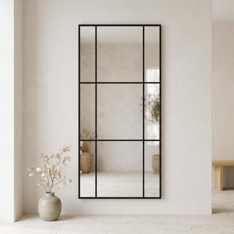 Grote industriële wandspiegel in atelierstijl met zwart metalen frame 80 x 180 cm