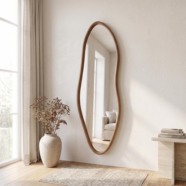 Design organische wandspiegel met massief houten frame 56 x 165 cm