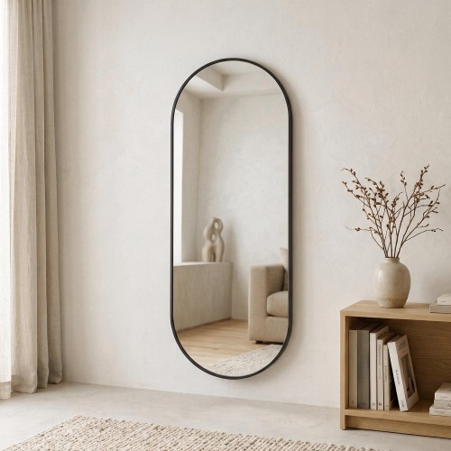 Grote ovale wandspiegel met zwart metalen frame 60 x 165 cm