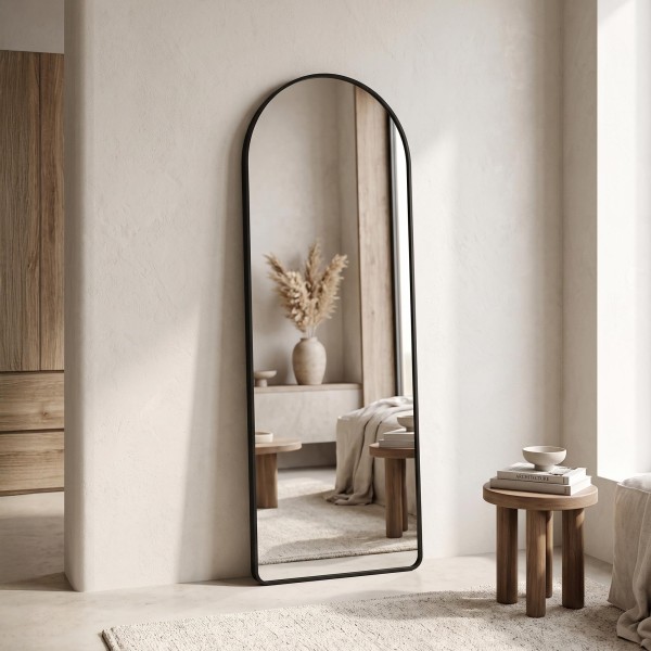 Grote staande boogspiegel met zwart metalen frame 50 x 150 cm