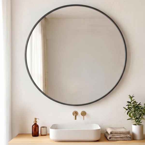 Grote ronde badkamerspiegel met zwart metalen frame 80 cm