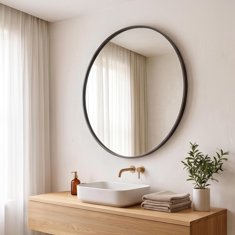 Grote ronde badkamerspiegel met zwart metalen frame 80 cm