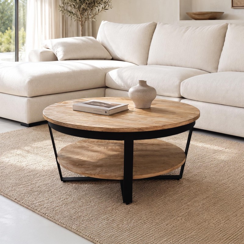 Ronde salontafel in hout en metaal in industriële stijl - Hadley