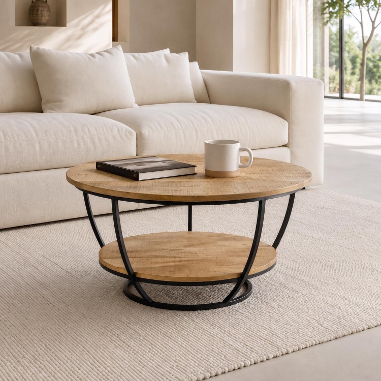 Ronde salontafel in massief hout en zwart metaal - Corven