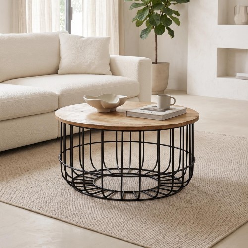 Ronde salontafel in massief hout en zwart metaal - Orson