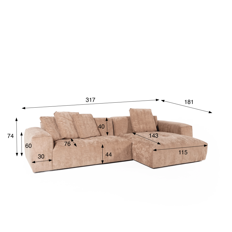 Hoekzetel 5-zits in stof met chaise longue rechts - Olya