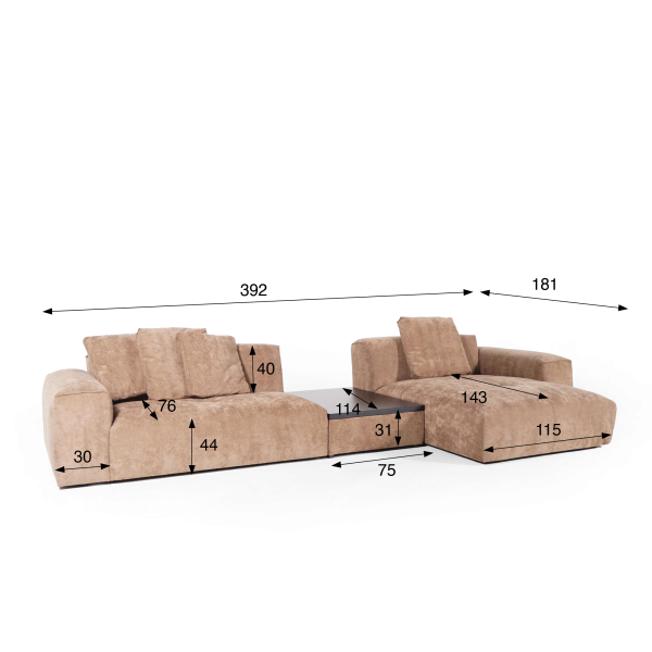 Hoekbank 5-zits met chaise longue rechts en geïntegreerde salontafel - Olya