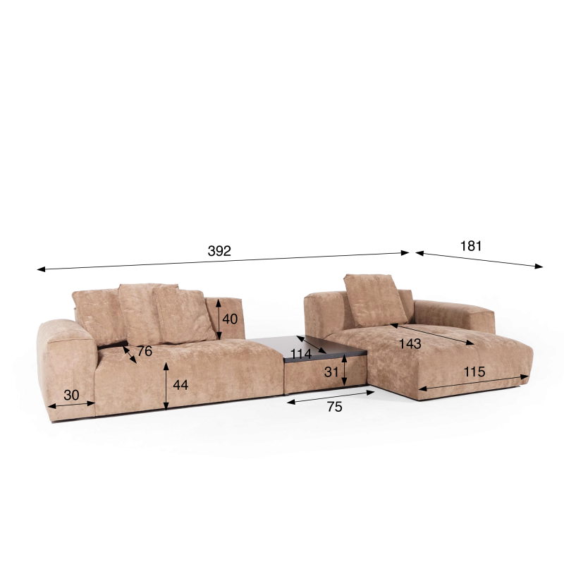 Hoekbank 5-zits met chaise longue rechts en geïntegreerde salontafel - Olya
