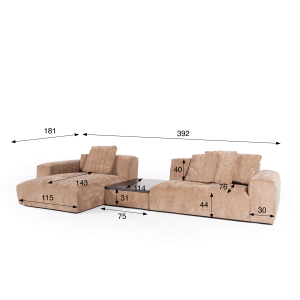 Hoekzetel 5-zits met chaise longue links en geïntegreerde salontafel - Olya