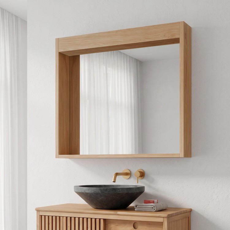 Rechthoekige spiegel 80 cm met massief houten frame en ruimte voor lampen