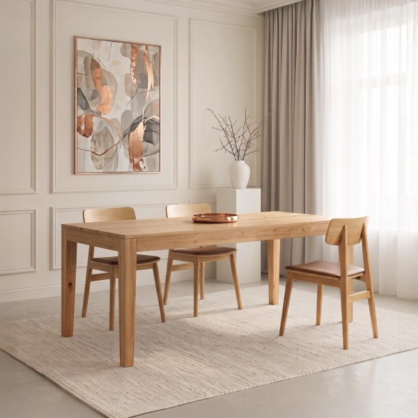 Eettafel in eikenhout 180 x 90 cm met verlengstukken van 2 x 50 cm