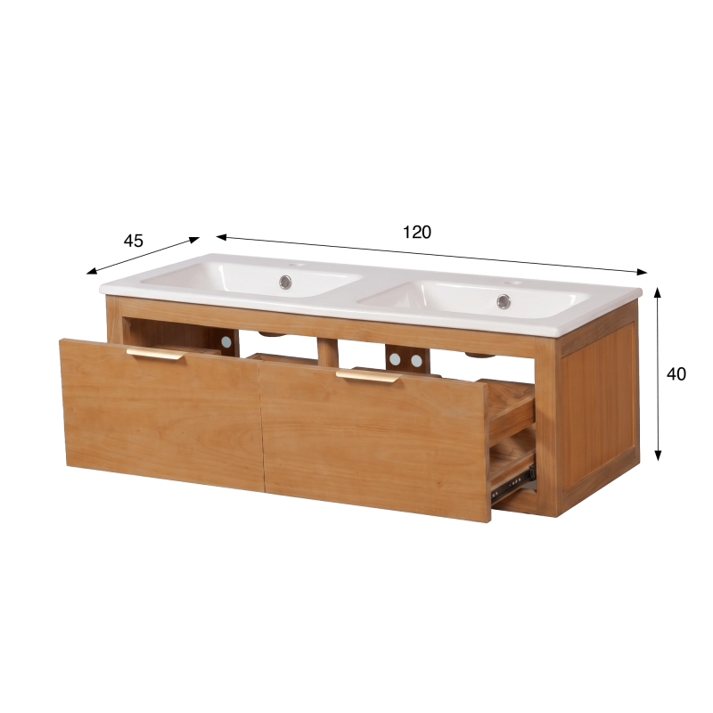 Badkamermeubel voor twee wastafels in massief teakhout - Sylva