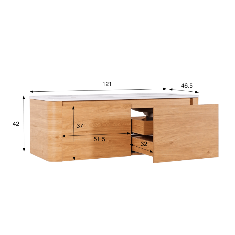 Zwevend badkamermeubel met dubbele wastafel in licht walnoothout 120 cm - Celestine
