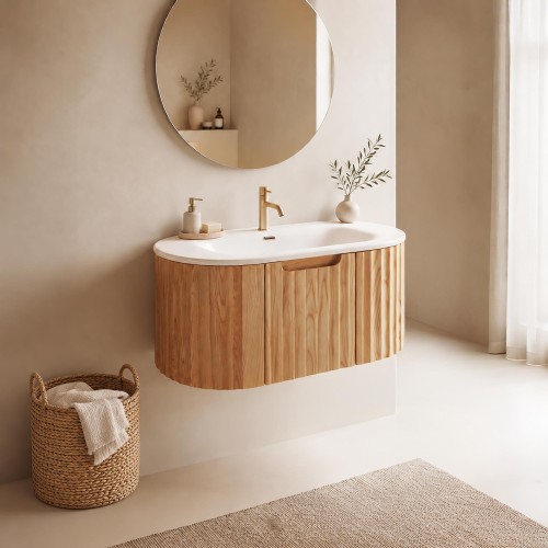 Zwevend badkamermeubel met enkele wastafel van naturel acaciahout 80 cm - Sphene