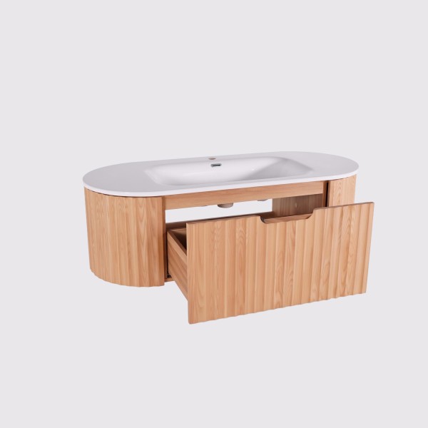 Zwevend badkamermeubel met dubbele wastafel van naturel acaciahout 120 cm - Sphene