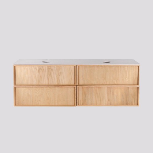 Zwevende onderkast voor dubbele wastafel in licht walnoothout met wit keramisch blad 150 cm - Carnelian