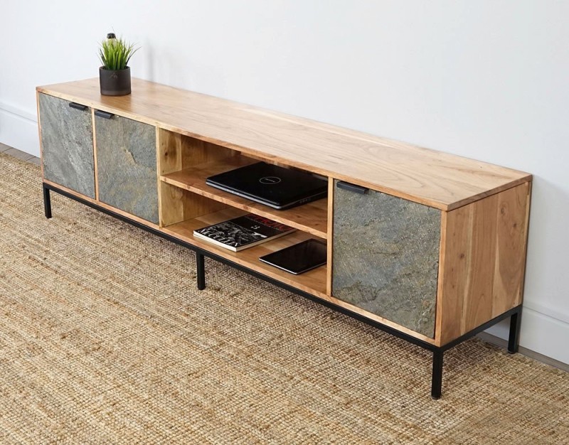 TV-meubel 200 cm in acaciahout met stenen deur - Florence