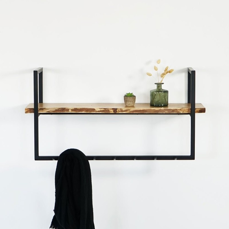 Metalen wandkapstok met 7 haken en 1 massief houten plank
