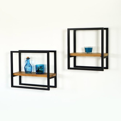 Set van 2 rechthoekige houten en metalen wandplanken - Strip