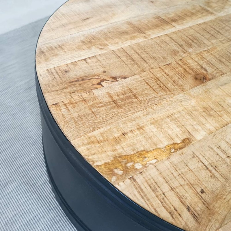Ronde industriële vintage salontafel in massief hout en metaal – Bric-broc
