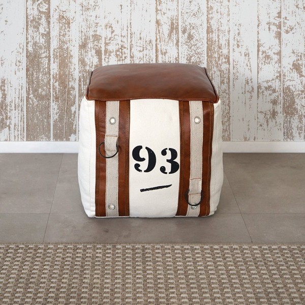Vintage-stijl poef van leer en stof "93