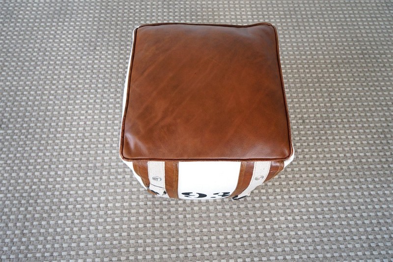 Vintage-stijl poef van leer en stof "93